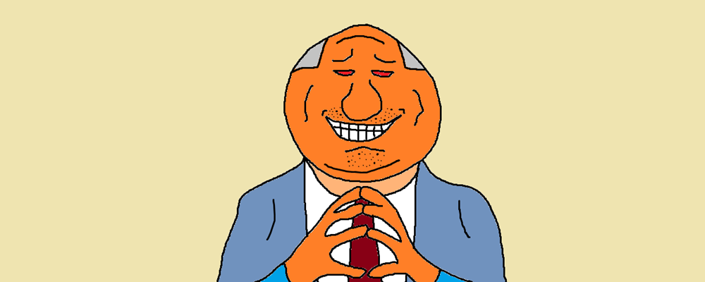 A creepy dude in a suit grins at us