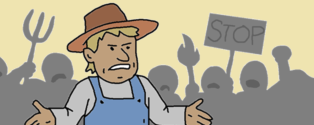 A farmer argues in front of an angry crowd