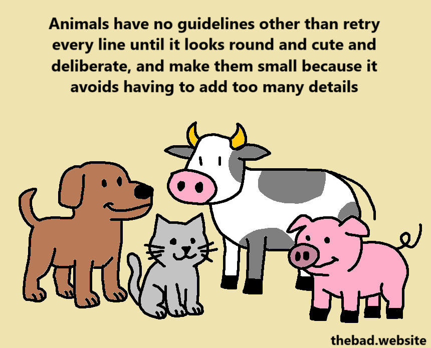 Animals have no guidelines other than retry every line until it looks round and cute and deliberate, and make them small because it avoids having to add too many details