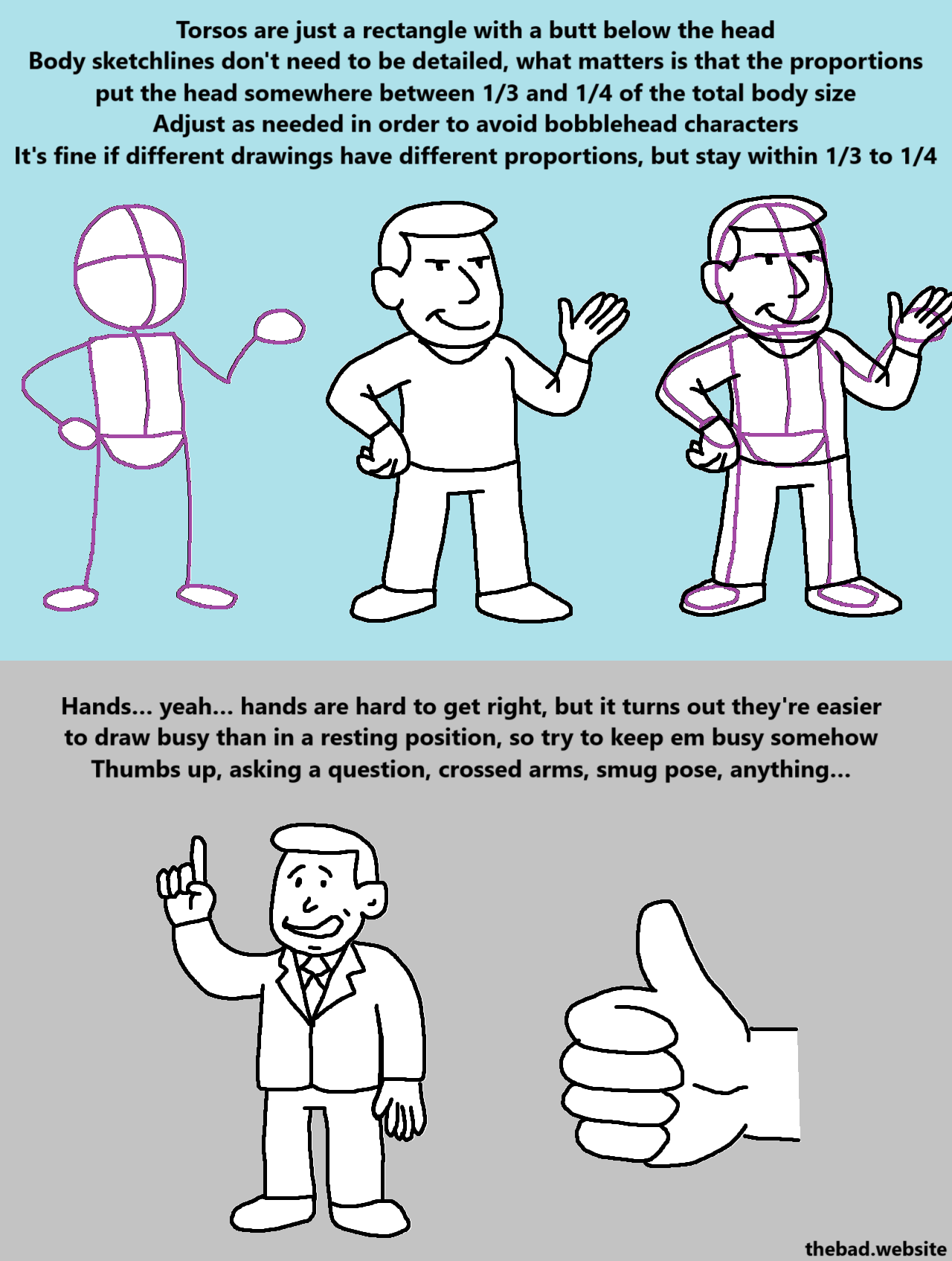 Torsos are just a rectangle with a butt below the head
Body sketchlines don't need to be detailed, what matters is that the proportions put the head somewhere between 1/3 and 1/4 of the total body size
Adjust as needed in order to avoid bobblehead characters
It's fine if different drawings have different proportions but stay within 1/3 to 1/4

Hands… yeah… hands are hard to get right, but it turns out they're easier to draw busy than in a resting position, so try to keep em busy somehow
Thumbs up, asking a question, crossed arms, smug pose, anything...
