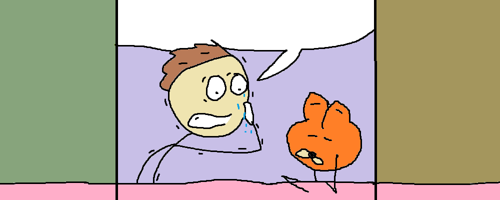Garfield looks blasé while Jon wipes sweat off his brow, below an empty speech bubble