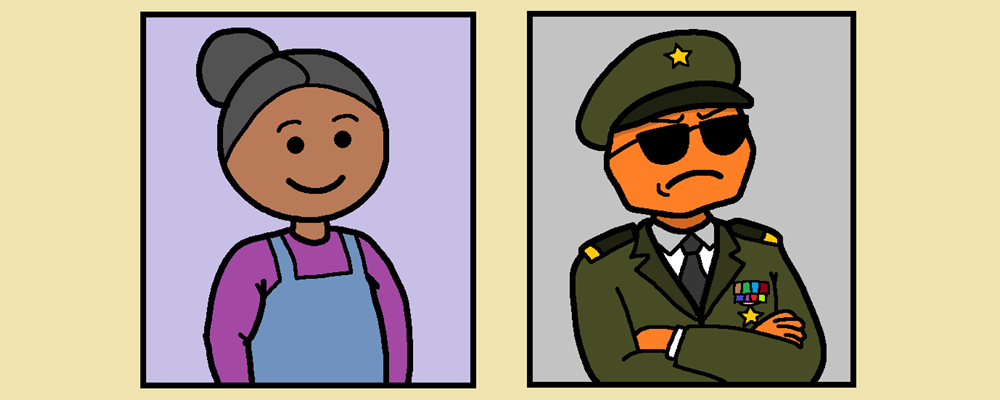 A smiling woman and a frowning dictator