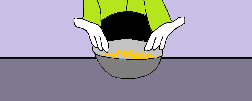 Hands are pointing at what appears to be a bowl of spaghetti