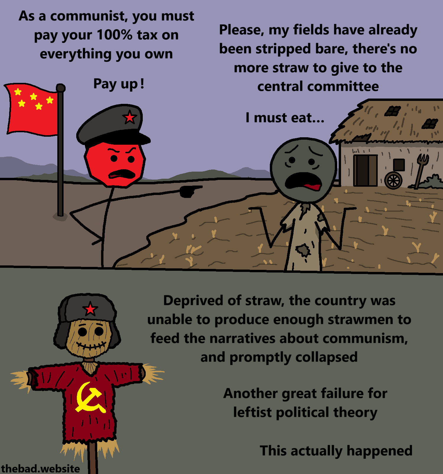[a hovel stands in front of a dry and empty looking field - in front of it, a red official points angrily at a disheveled peasant in tatters]
As a communist, you must pay your 100% tax on everything you own
Pay up !

[the peasant looks distressed]
Please, my fields have already been stripped bare, there's no more straw to give to the central committee
I must eat&hellip;

[a strawman of a communist official stands next to some text]
Deprived of straw, the country was unable to produce enough strawmen to feed the narratives about communism, and promptly collapsed
Another great failure for leftist political theory
This actually happened