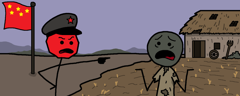 A red official points angrily at a peasant