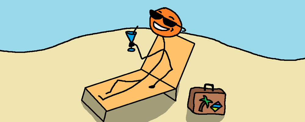 A dude chills in a deck chair, cocktail in hand, luggage on the beach