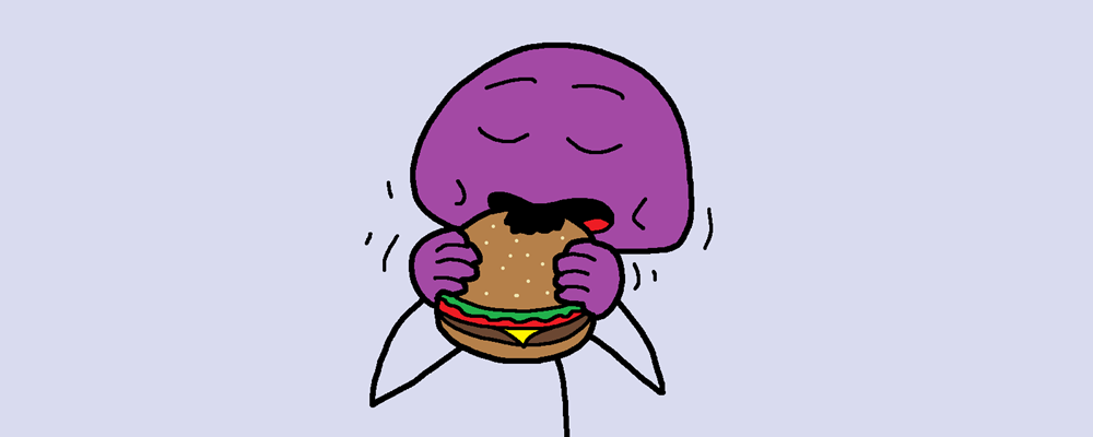 A character bites into a burger