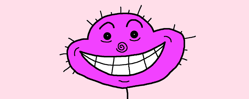 A creepy pink character smiles at us
