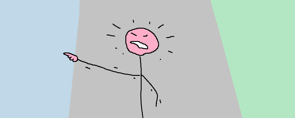 A character, annoyed, points a finger