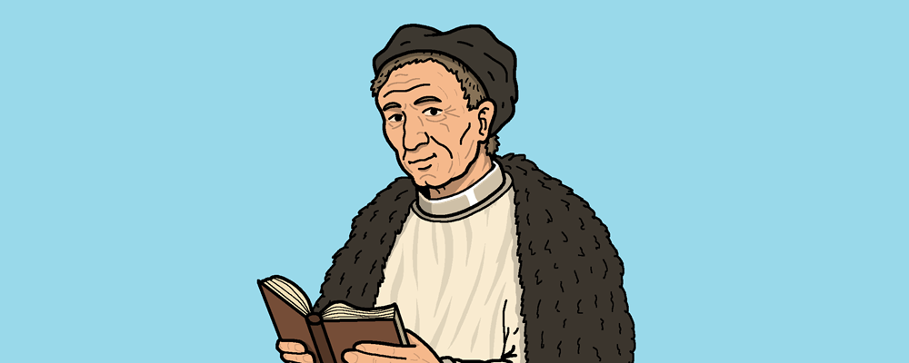 Thomas &agrave; Kempis smiles at us, book in hand