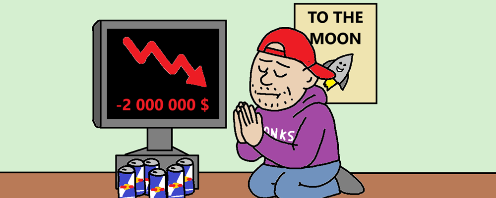 A character is praying in front of a screen showing financial losses
