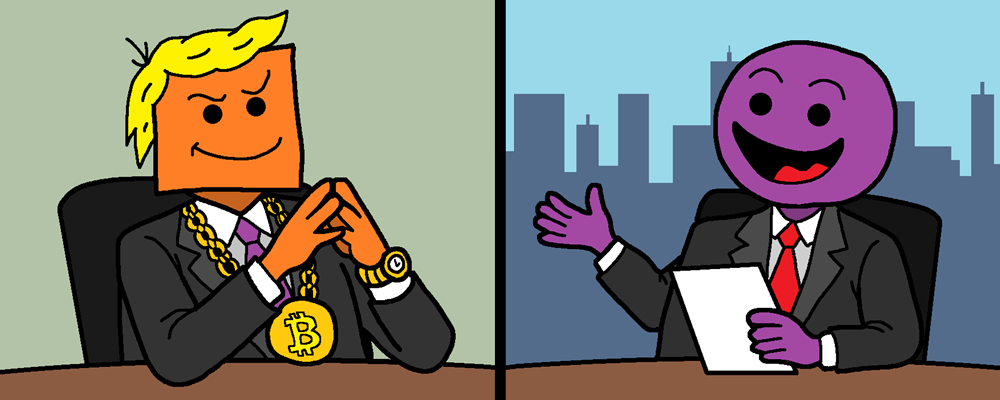 A characetr with a huge bitcoin necklace is being interviewed
