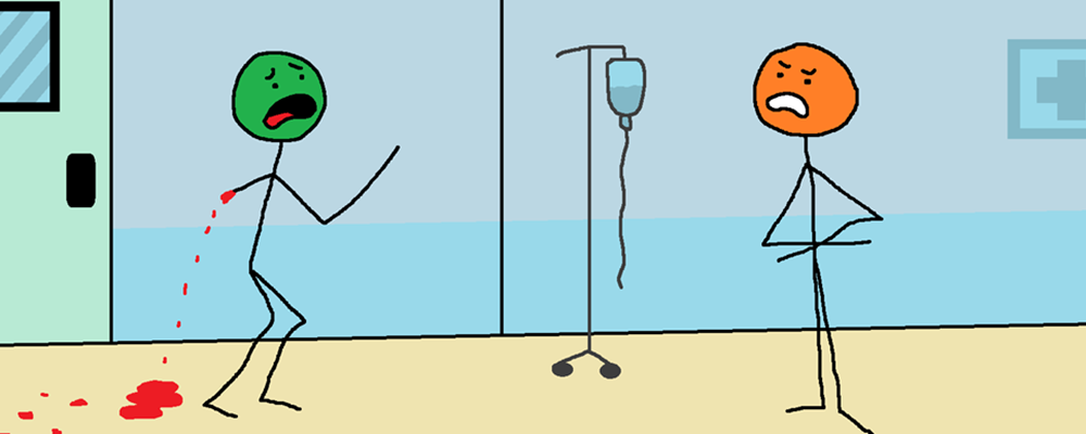 In a hospital corridor, an angry character shouts at a desperate bleeding one