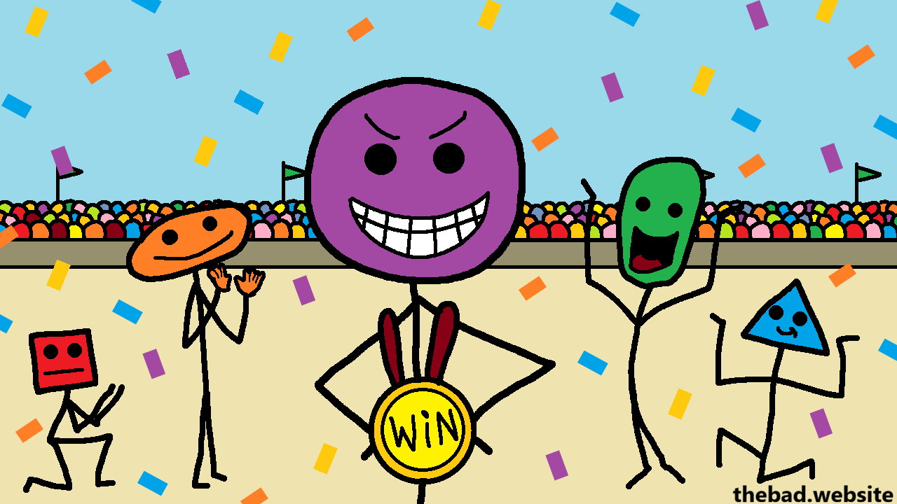 [the car's driver is celebrating with an evil grin, in a rain of confetti, surrounded by cheering people]