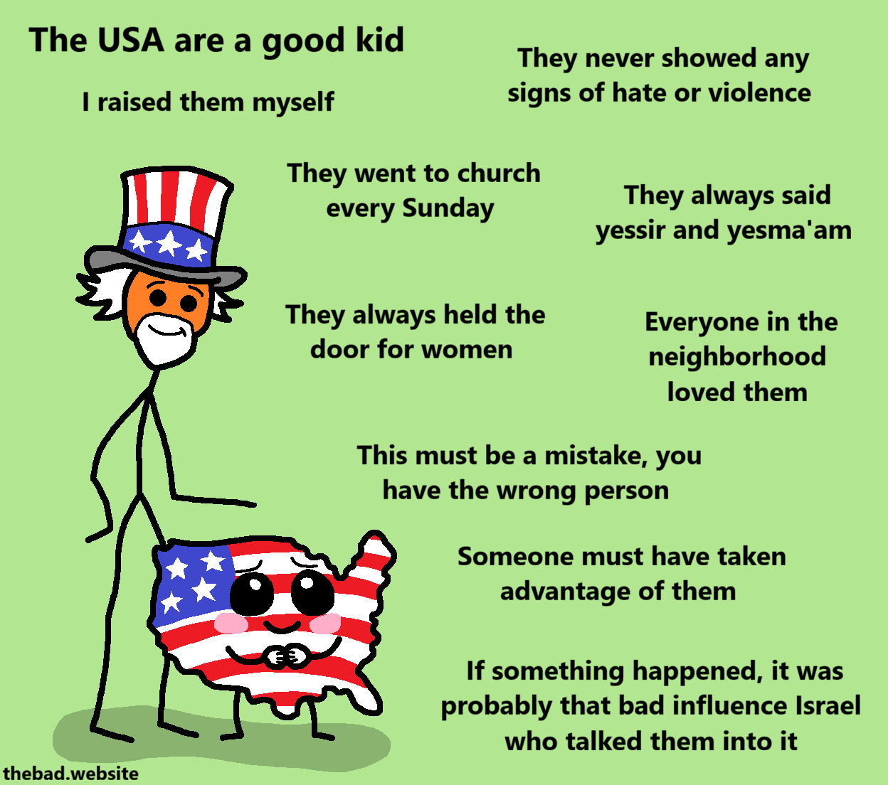 [an uncle sam character is smiling while showing a tiny Kawaii USA looking adorable, surrounded by text]
The USA are a good kid
I raised them myself
They never showed any signs of hate or violence
They went to church every Sunday
They always said yessir and yesma'am
They always held the door for women
Everyone in the neighborhood loved them
This must be a mistake, you have the wrong person
The USA would never do something like this
Someone must have taken advantage of them
If something happened, it was probably that bad influence Israel who talked them into it