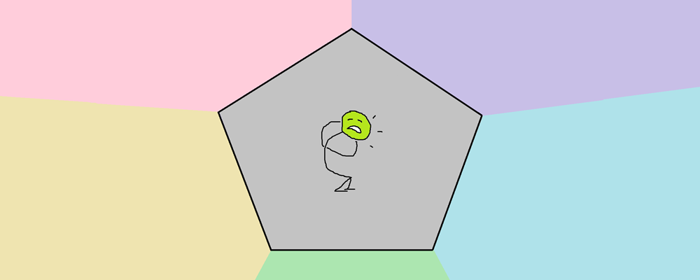 A scared character stands inside a pentagon, surrounded by colors