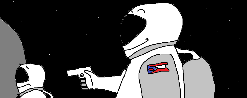 In space, a character in a space suit aims a gun at another