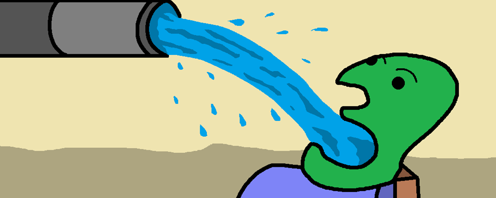 Water flowing from a pipe into someones mouth