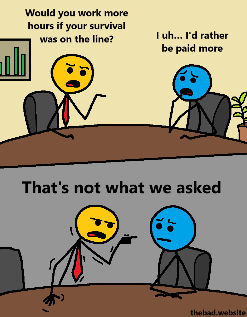 [in an office, at a meeting table, yellow, wearing a tie, asks a question]
Would you work more hours if your survival was on the line?

[blue, anxious]
I uh&hellip; I'd rather be paid more

[yellow gets up from their chair, angrily pointing at blue]
That's not what we asked

[blue is at a loss for words]