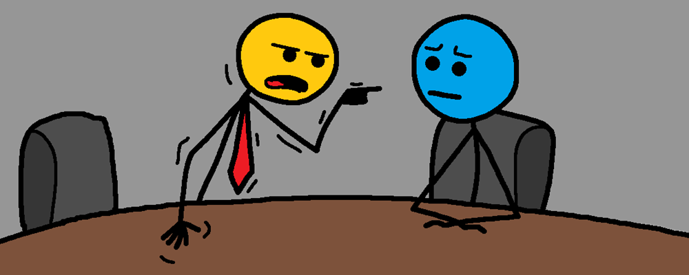 A yellow character in a tie is pissed off at a blue character