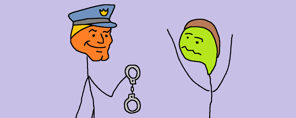 A chad policeman hands handcuffs to a virgin character