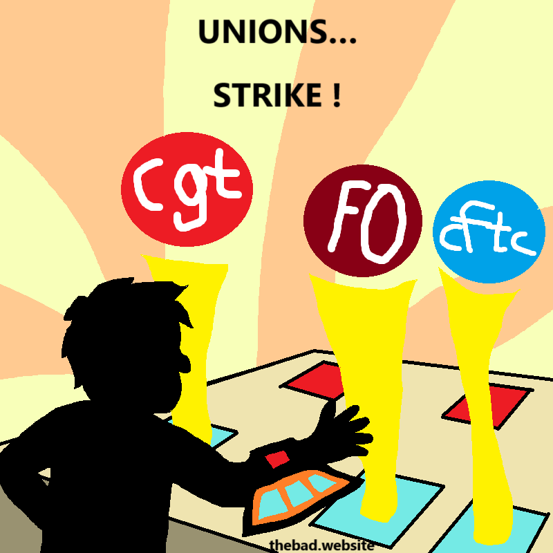 [Jean-Luc Mélenchon, seen from behind, summons cards on a Yu-Gi-Oh table, each one is a french union]
UNIONS.... STRIKE!